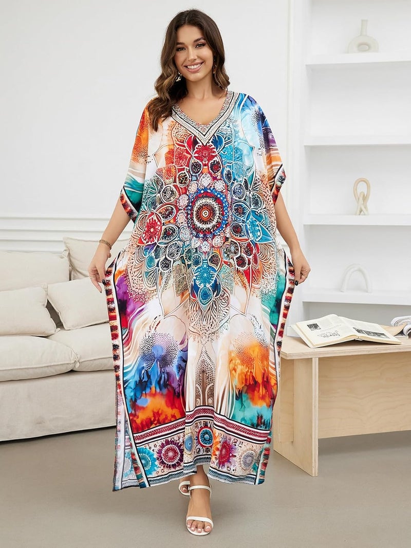 IMAGEKOPE Women's Plus Size Loose Fit Moroccan Print V-Neck Batwing Kaftan Beach Dress Bathing Suit Cover Up - Image 2